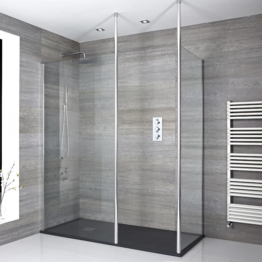 Kit Doccia Walk-In 1400x900mm con 2 Pali da Pavimento a Soffitto con Piatto Doccia in Antracite – Sera