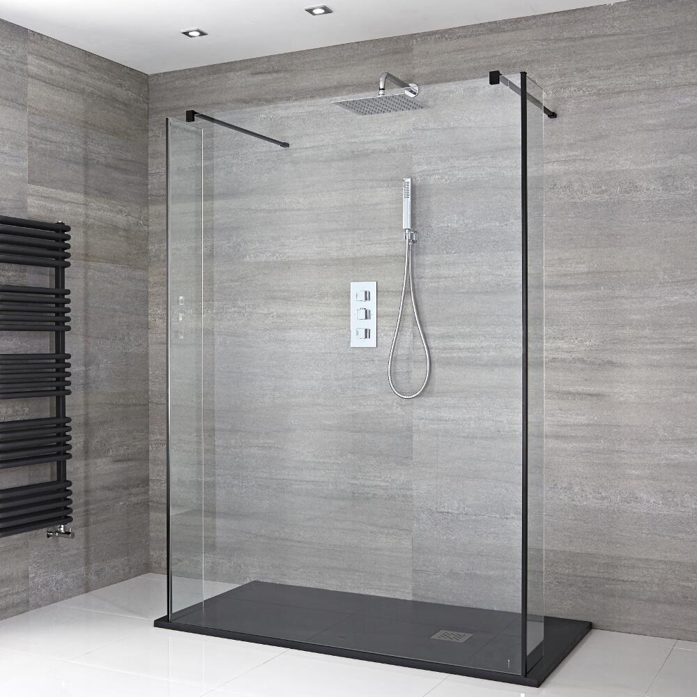 Kit Doccia Walk-In 1400x800mm con Pannello di Vetro “Flottante”, 2 Pareti Doccia e Piatto Doccia in Antracite – Nox
