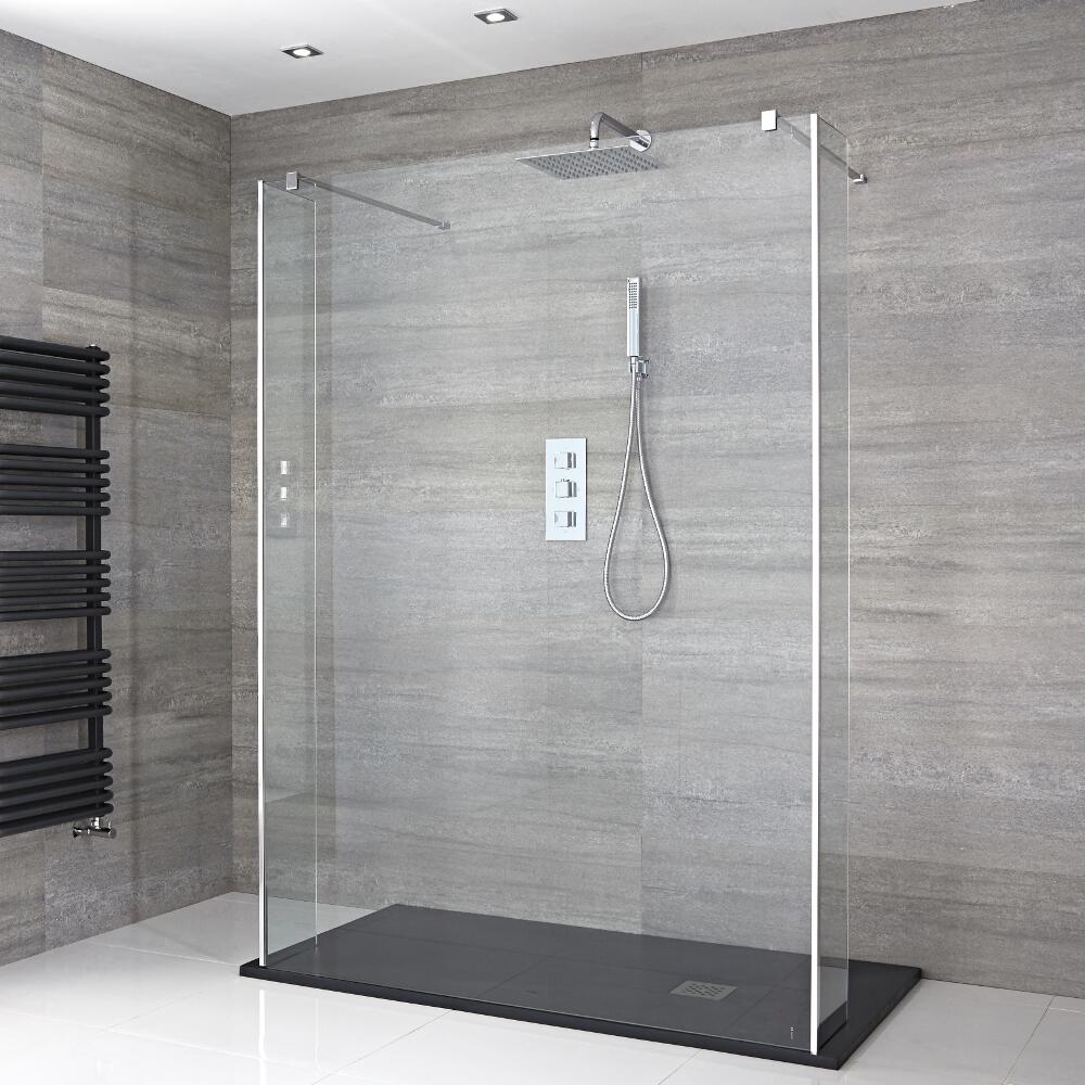 Kit Doccia Walk-In 1400x800mm con Pannello di Vetro “Flottante”, 2 Pareti Doccia e Piatto Doccia in Antracite – Portland