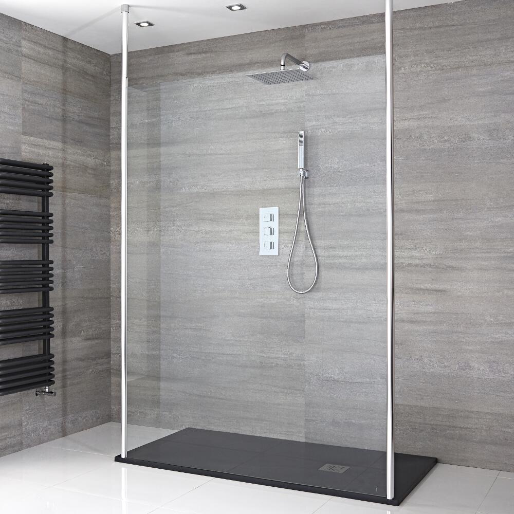 Kit Doccia Walk-In 1200x900mm con 2 Pali da Pavimento a Soffitto, Pannello di Vetro “Flottante” e Piatto Doccia – Sera