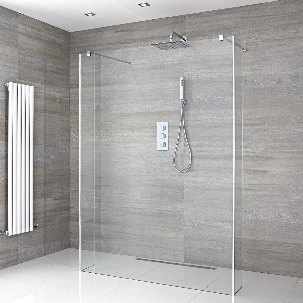 Kit Doccia A Filo Pavimento 1400mm con Pannello di Vetro, 2 Pareti Doccia e Canaletta – Portland