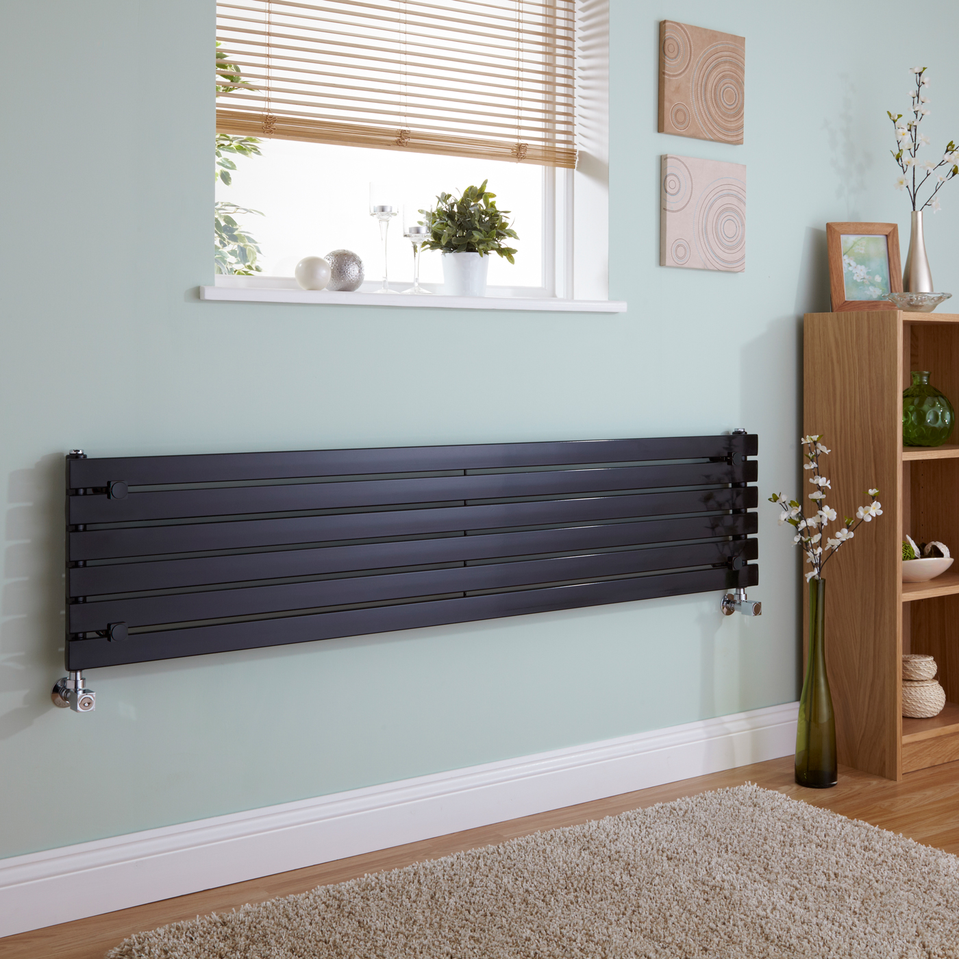 Radiatore di Design Orizzontale - Nero Lucido - 354mm x 1600mm x 54mm - 773 Watt - Sloane