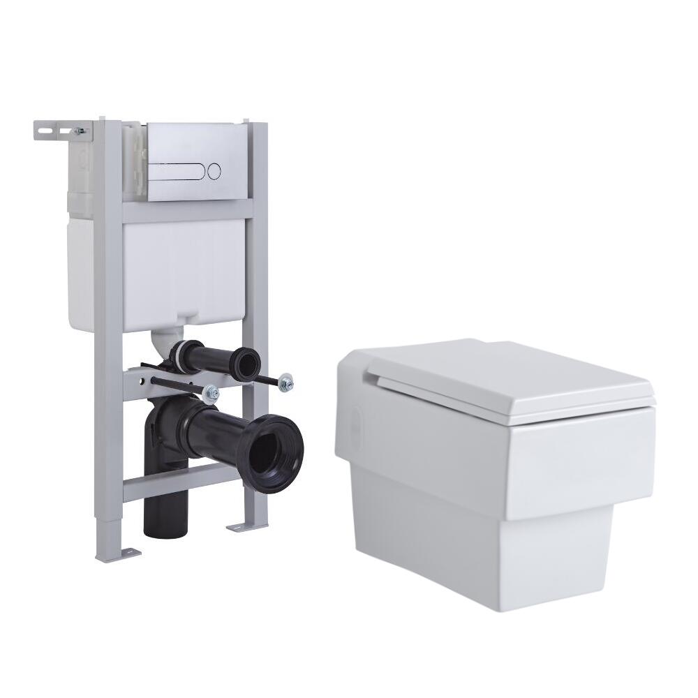 Sanitario Bagno WC Quadrato Sospeso 410x340x440mm Completo con Sedile Copri WC Soft Close, Telaio con Cassetta ad Incasso con Placca di Comando per WC A Doppio Pulsante - Haldon