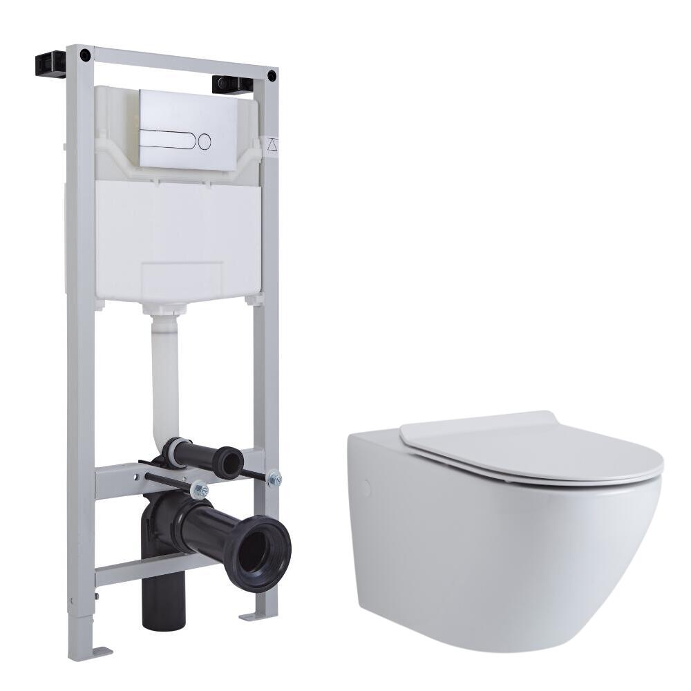 Sanitario Bagno WC Sospeso Ovale 340x360x585mm con Sedile Copri WC Soft Close, Telaio con Cassetta ad Incasso con Placca di Comando per WC A Doppio Pulsante - Otterton