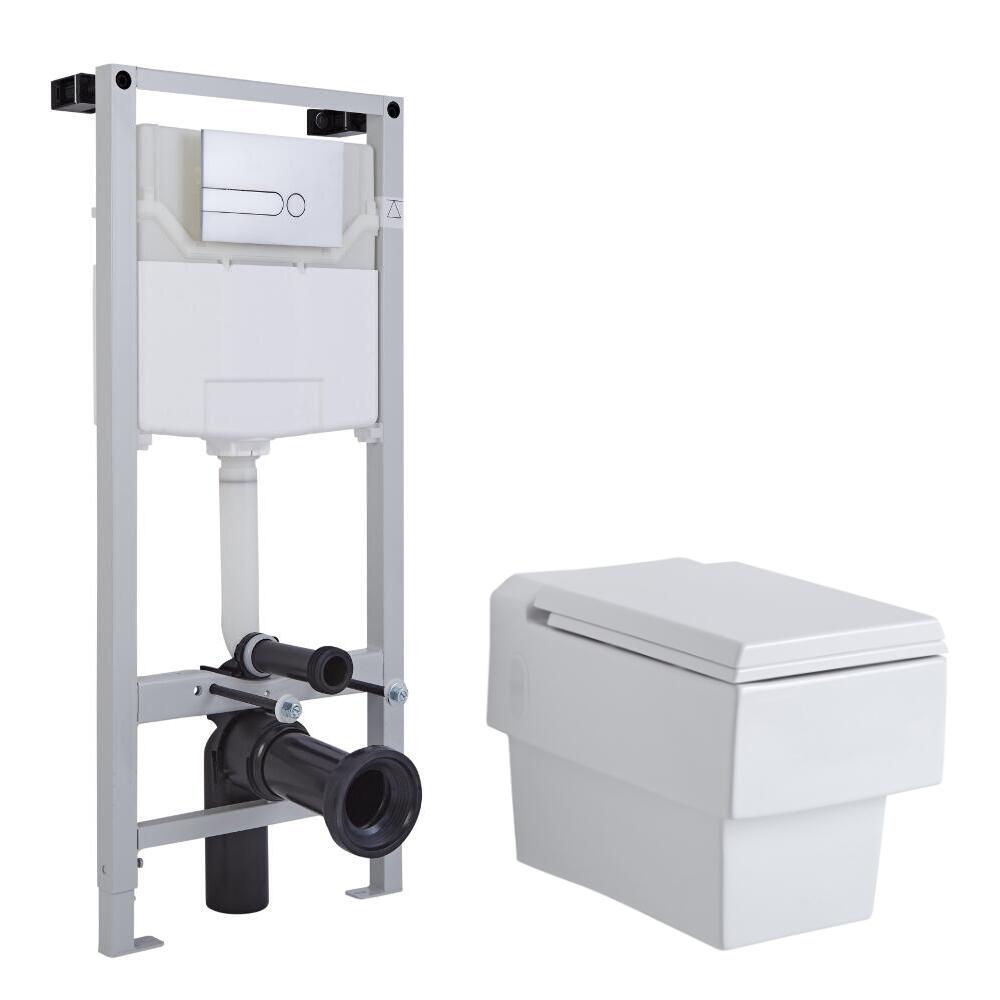 Sanitario Bagno WC Quadrato Sospeso 410x340x440mm con Sedile Copri WC Soft Close, Telaio con Cassetta ad Incasso con Placca di Comando per WC A Doppio Pulsante - Haldon