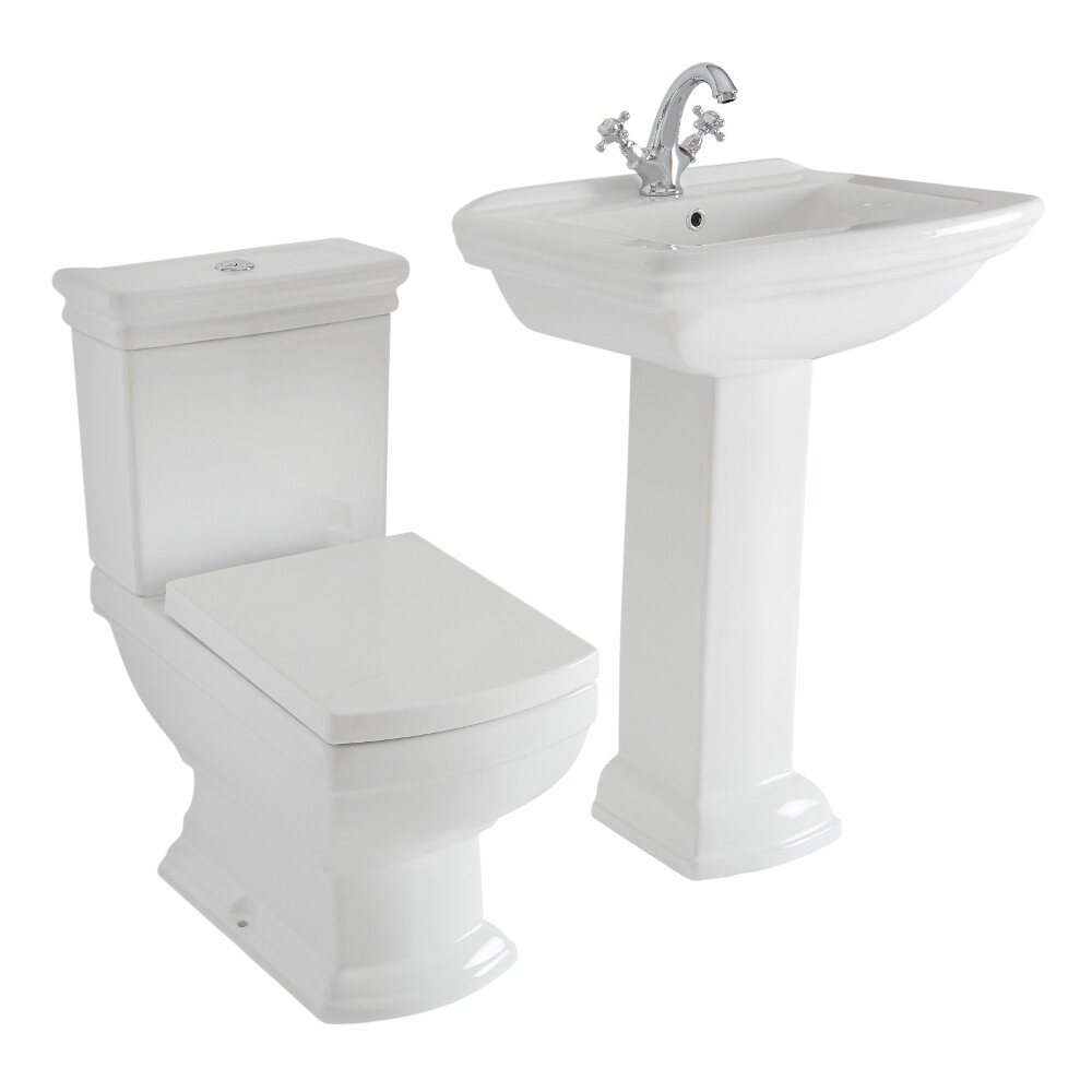 Set Bagno Classico Completo di Lavabo Monoforo su Colonna, Sanitario con Cassetta in Ceramica Bianca e Copriwater - Chester