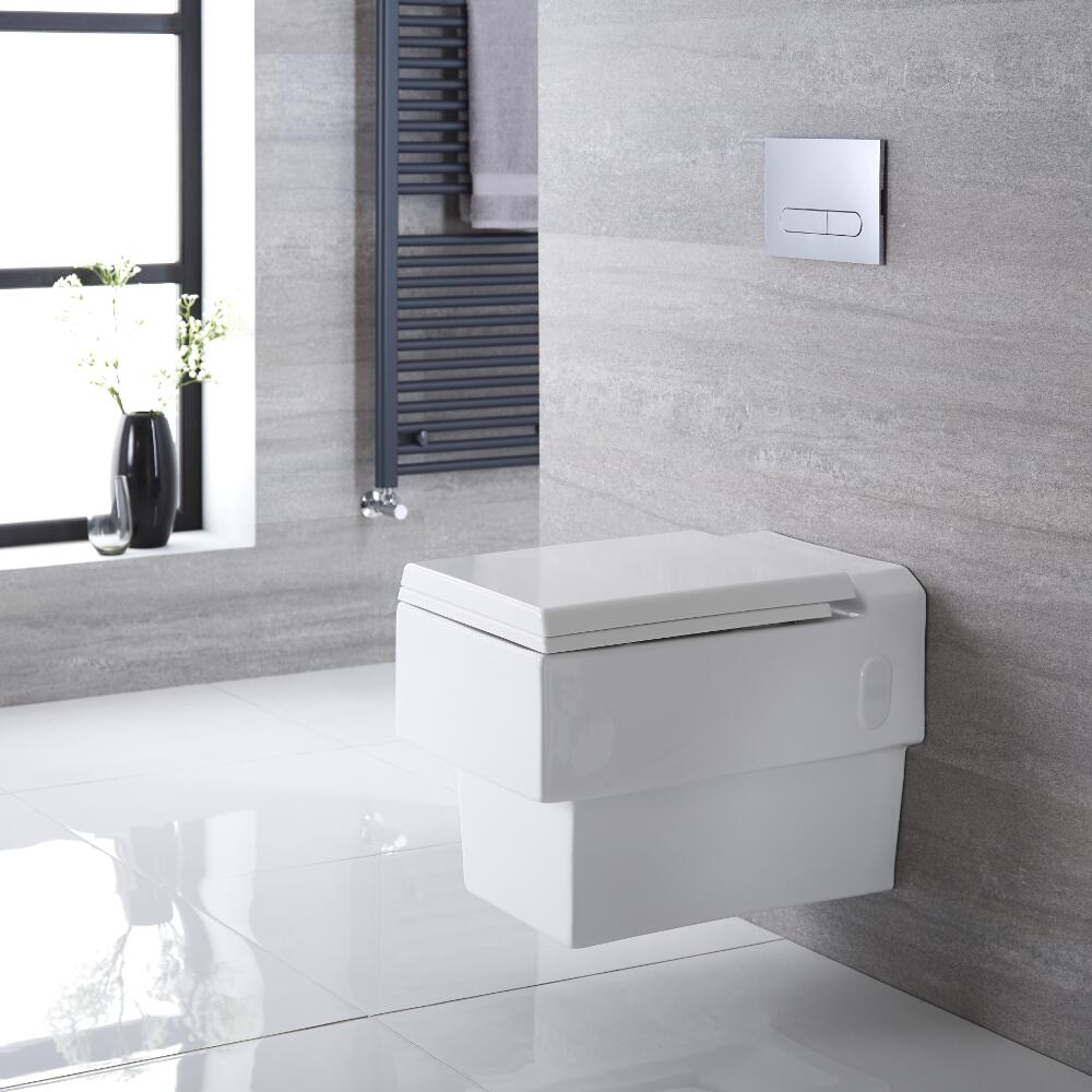 Sanitario Bagno WC Quadrato Sospeso 410x355x540mm con Sedile Copri WC Soft Close - Haldon
