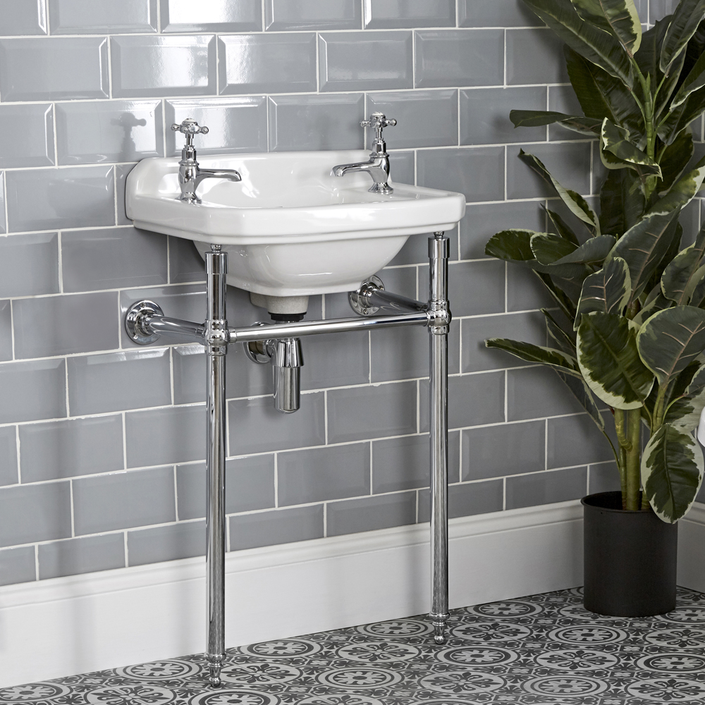 Consolle con Lavabo in Ceramica Bianca 515mm e Struttura Tradizionale in Ottone Cromato - Old London