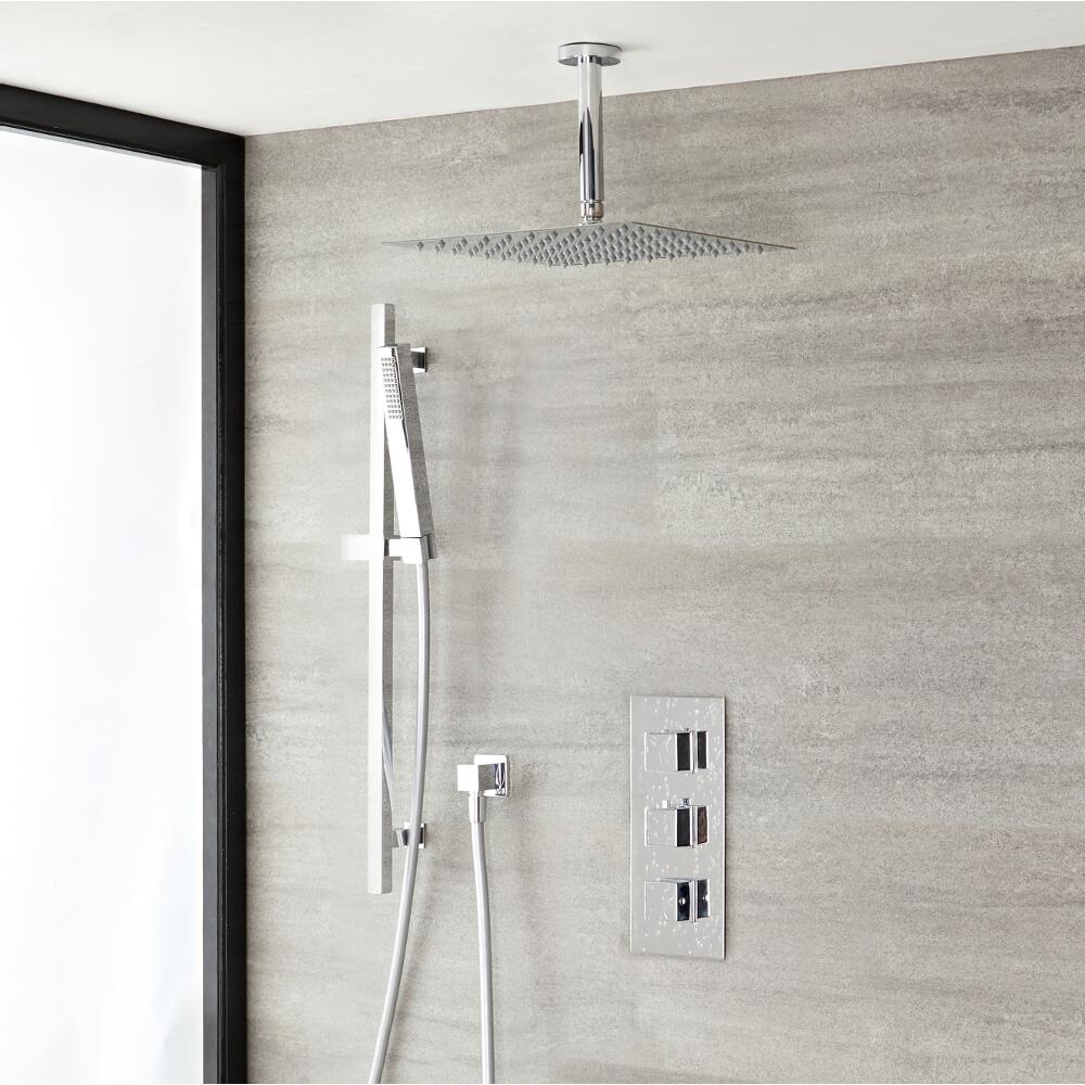 Kit Doccia Completo di Miscelatore Termostatico a Due Vie, Soffione Doccia a Soffitto da 300mm e Doccetta Murale