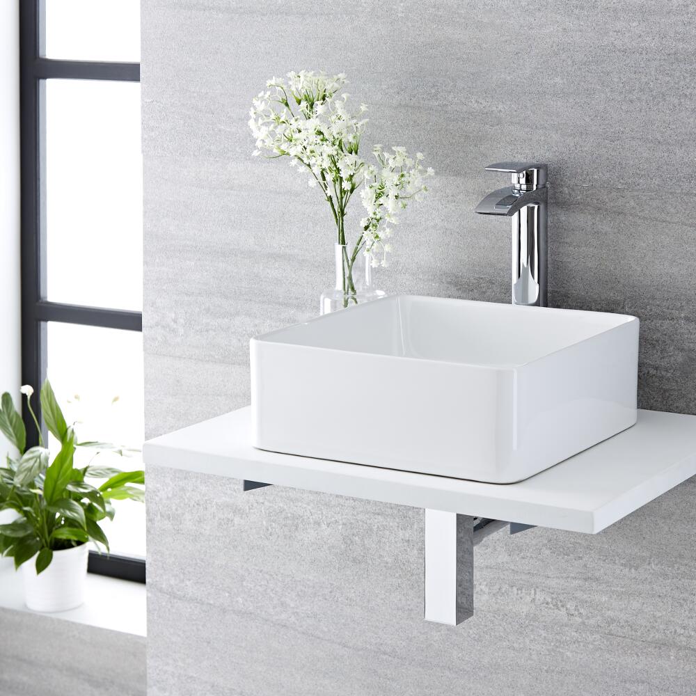 Lavabo Bagno da Appoggio Quadrato in Ceramica 360x360mm con Rubinetto Miscelatore - Alswear