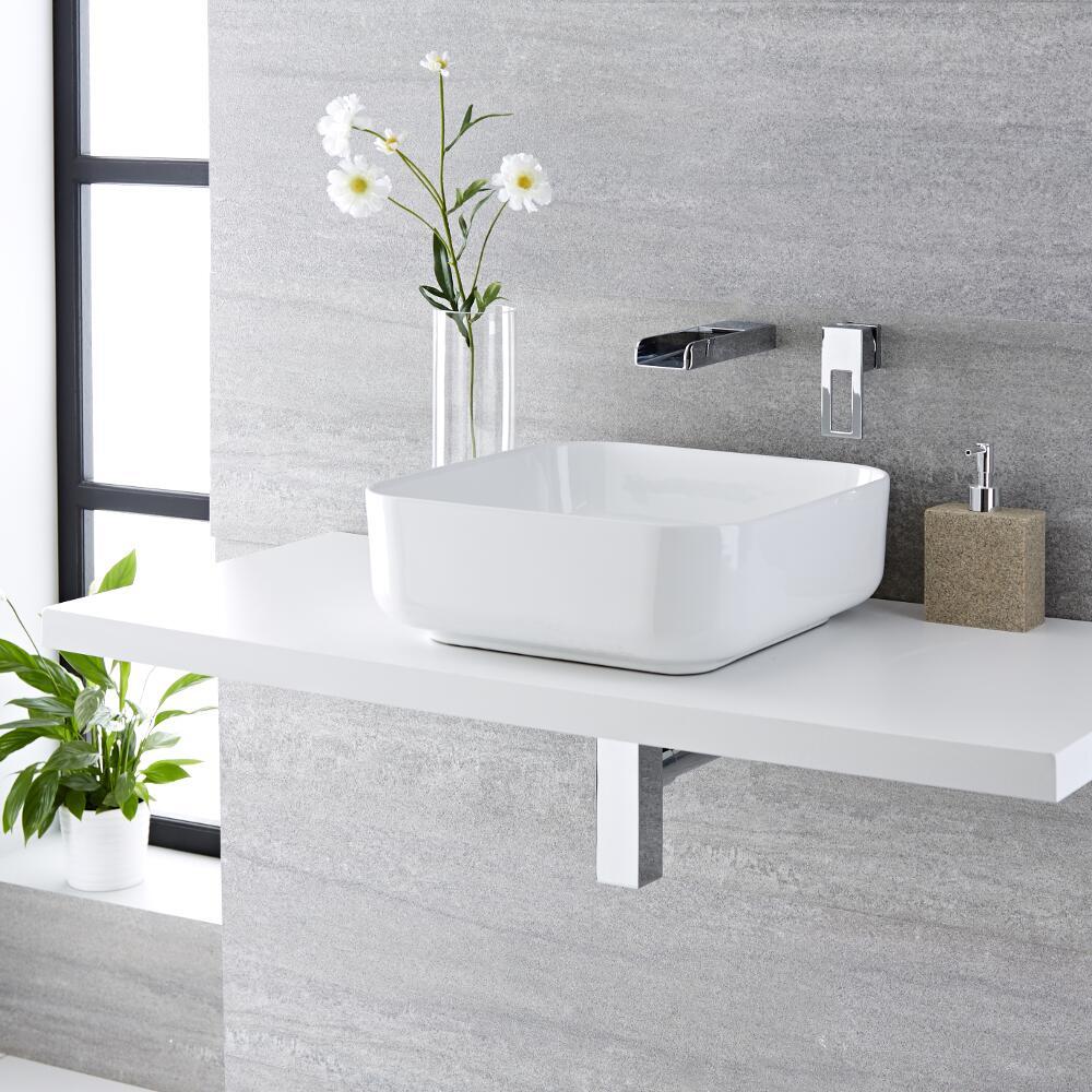 Lavabo Bagno da Appoggio Quadrato in Ceramica 400x400mm con Rubinetto a Cascata - Milton