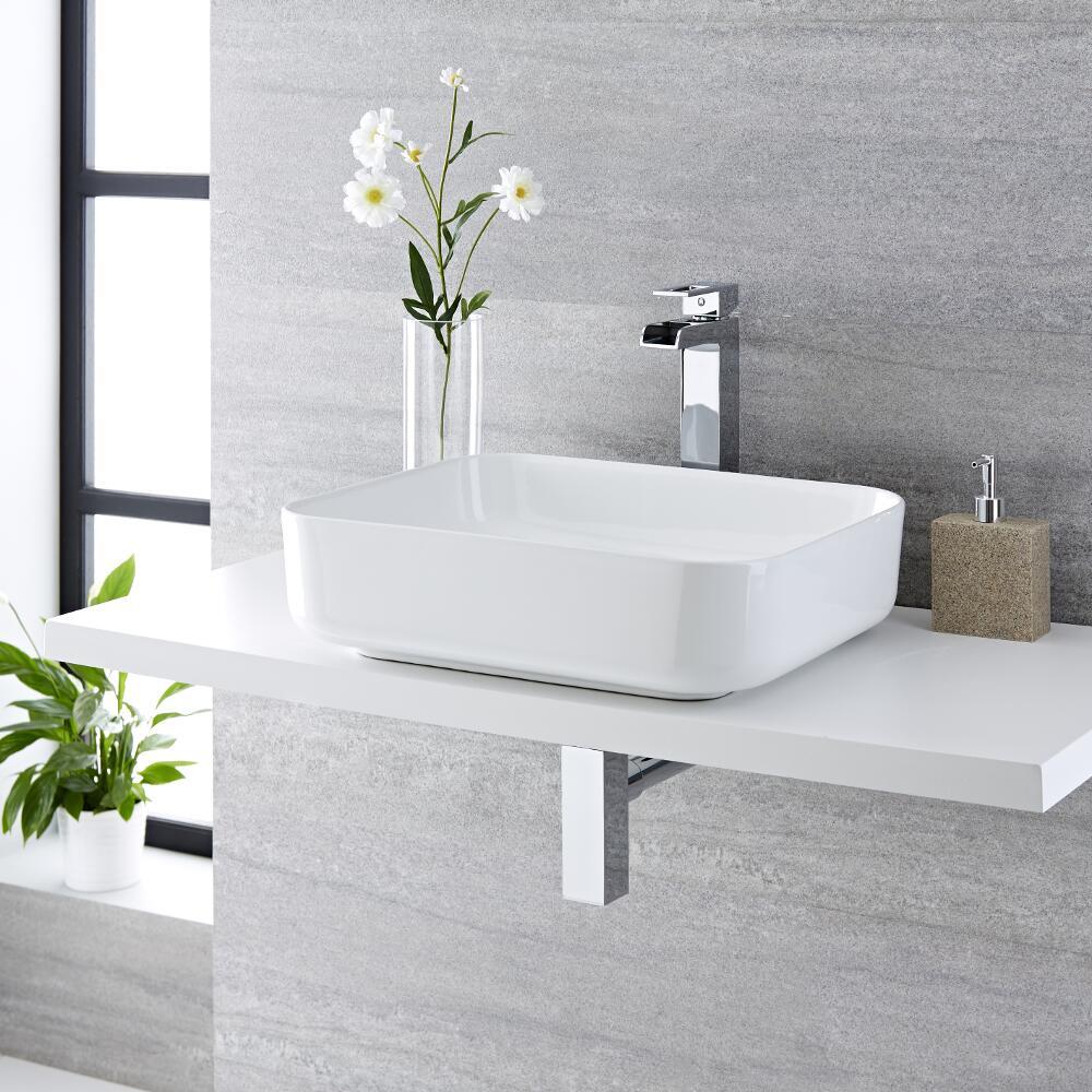Lavabo Bagno da Appoggio Rettangolare in Ceramica 500x390mm Completo di Rubinetto Monoforo – Milton