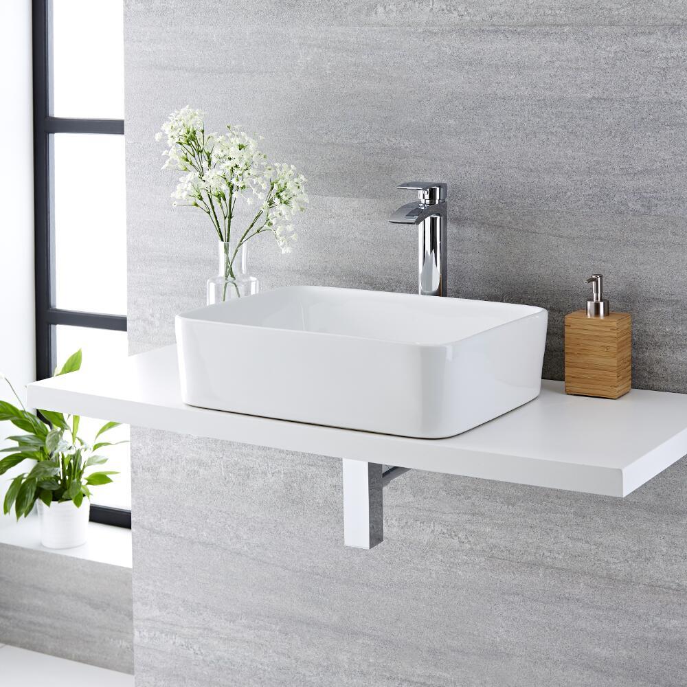 Lavabo Bagno da Appoggio Rettangolare in Ceramica 480x370mm con Rubinetto Miscelatore Alto - Alswear