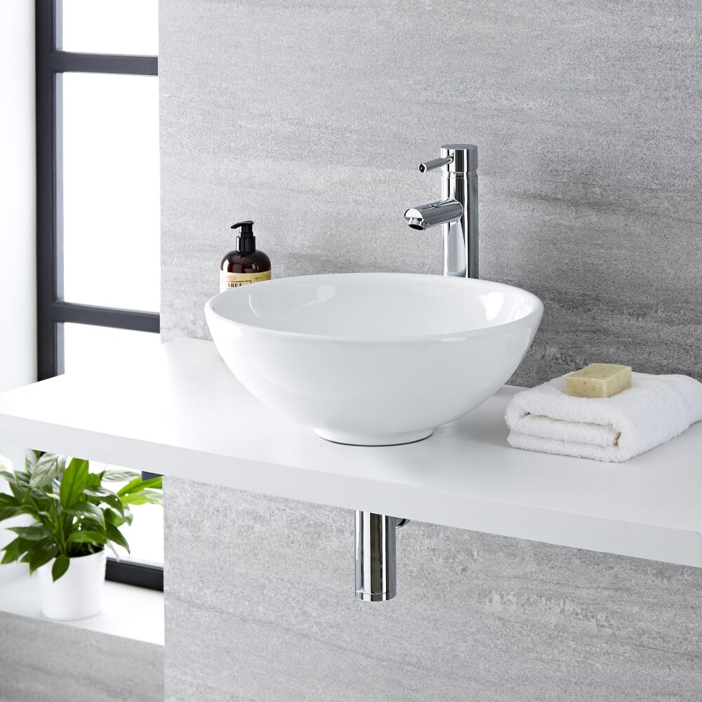 Lavabo Bagno da Appoggio Tondo in Ceramica 400x400mm con Rubinetto Miscelatore - Ashbury