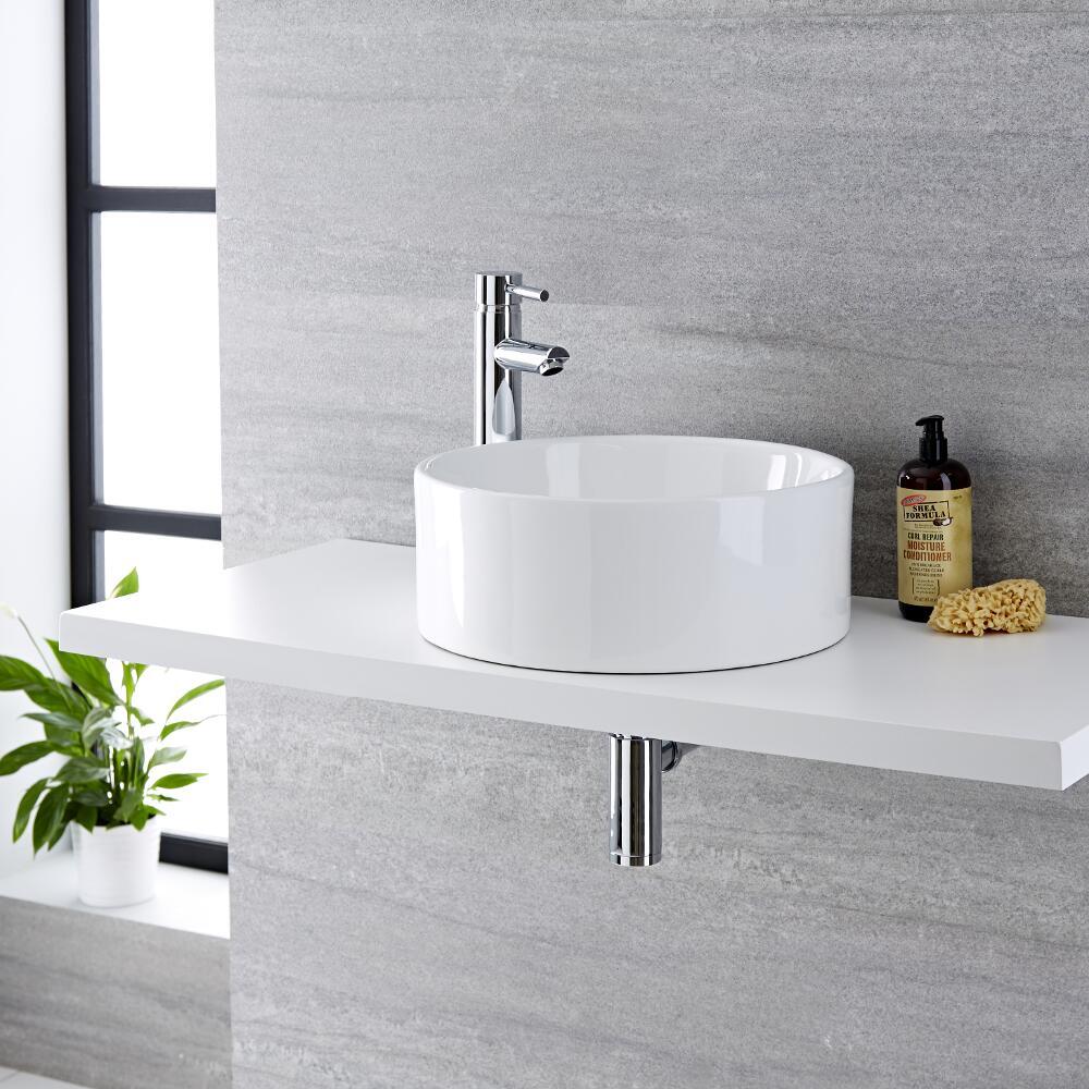 Lavabo Bagno da Appoggio Tondo in Ceramica 400x400mm con Rubinetto Miscelatore - Covelly