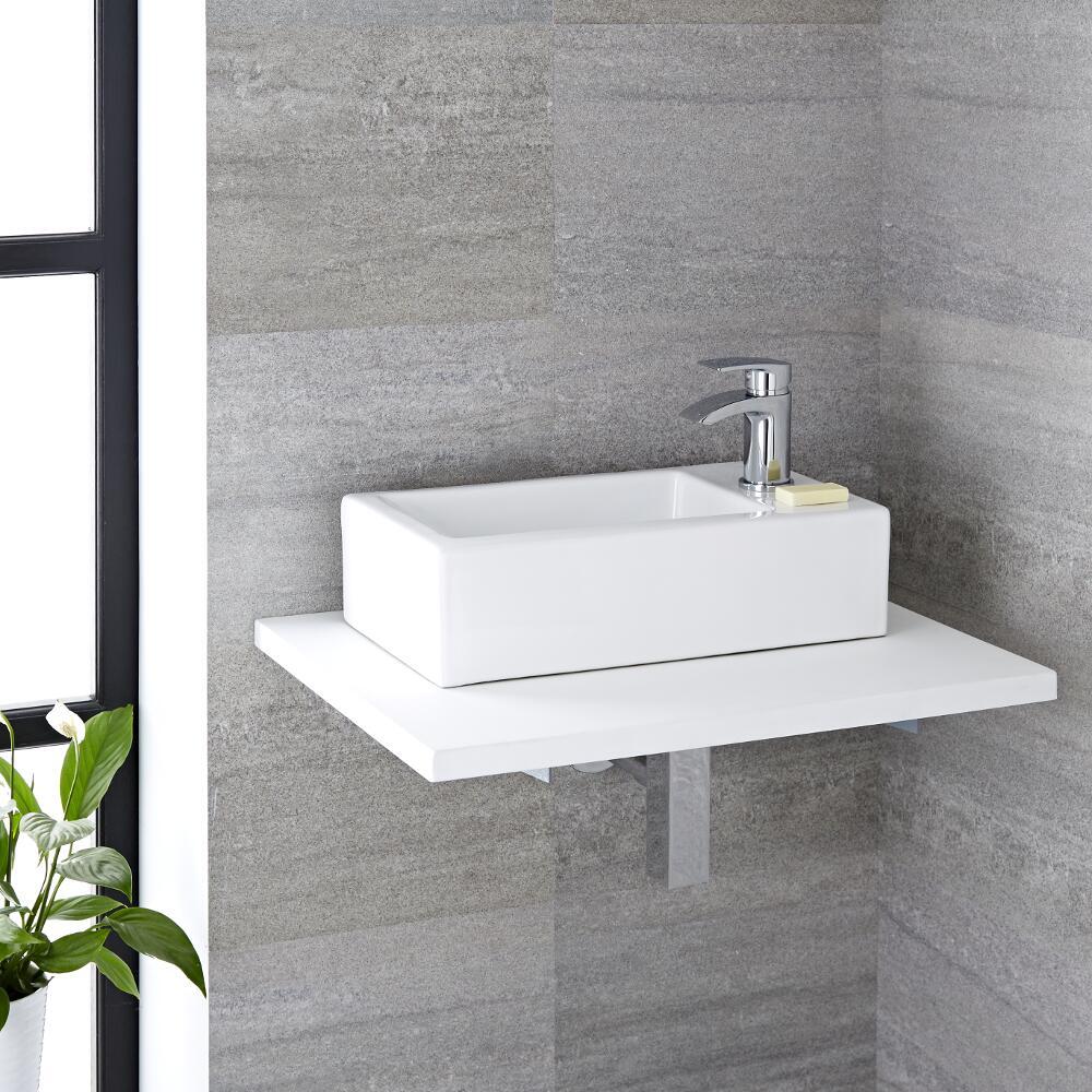 Lavabo Bagno Sospeso in Ceramica Rettangolare 450x250mm Con Mini Rubinetto Miscelatore - Sandford