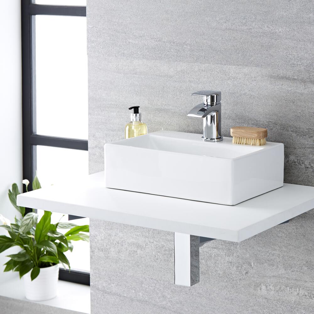 Lavabo Bagno da Appoggio Sospeso in Ceramica Ovale 360x250mm con Mini Rubinetto Miscelatore - Sandford