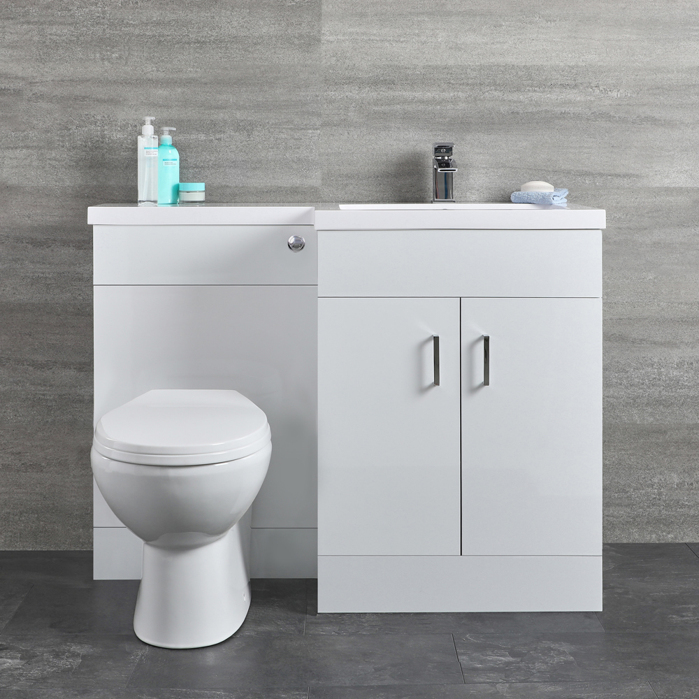 Mobile Lavabo Bianco a Pavimento Completo di Mobile WC Versione a Destra - Geo