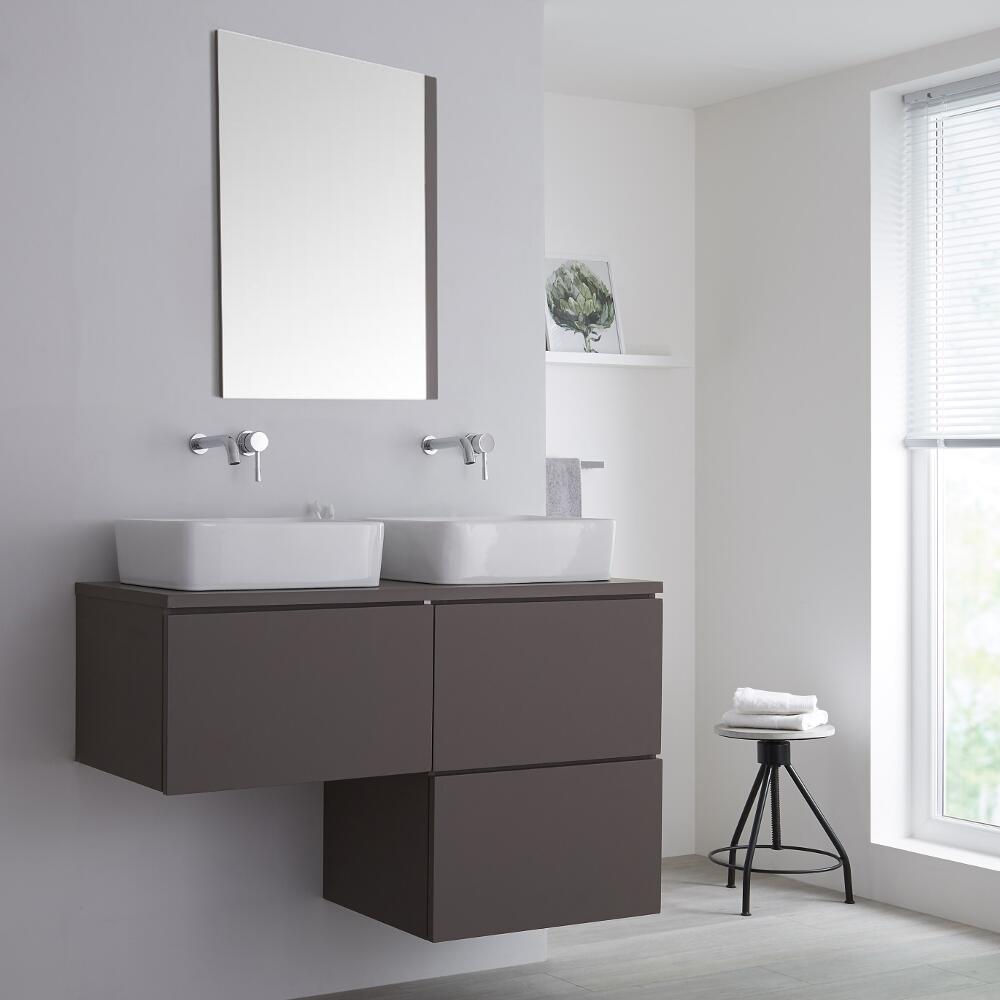 Mobile Base Sottolavabo Colore Grigio Opaco Sospeso 1200mm per Lavabo da Appoggio a Forma L con Opzione LED- Newington