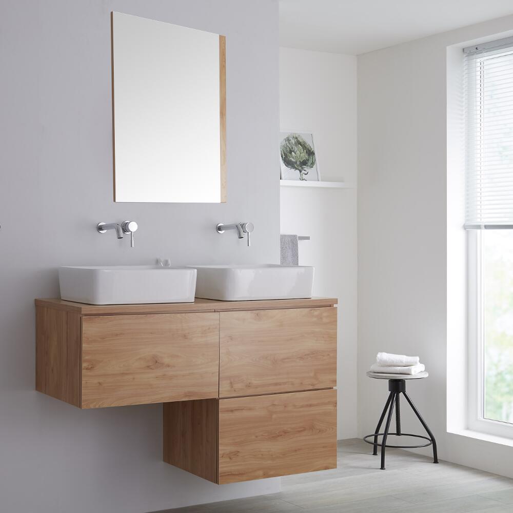 Mobile Base Sottolavabo Colore Rovere Dorato Sospeso 1200mm per Lavabo da Appoggio a Forma L con Top di Colore Rovere Dorato con Opzione LED con Lavabi Rettangolari – Newington