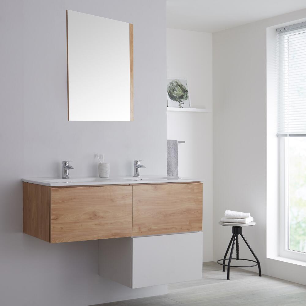 Mobile Base Sottolavabo Colore Rovere Dorato Sospeso 1200mm per Lavabo da Appoggio a Forma L con Lavabo da Appoggio con Top Bianco con Opzione LED - Newington