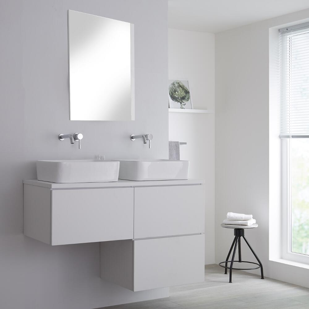 Mobile Base Sottolavabo Colore Bianco Opaco Sospeso 1200mm per Lavabo da Appoggio a Forma L con Opzione LED con Lavabi Rettangolari – Newington