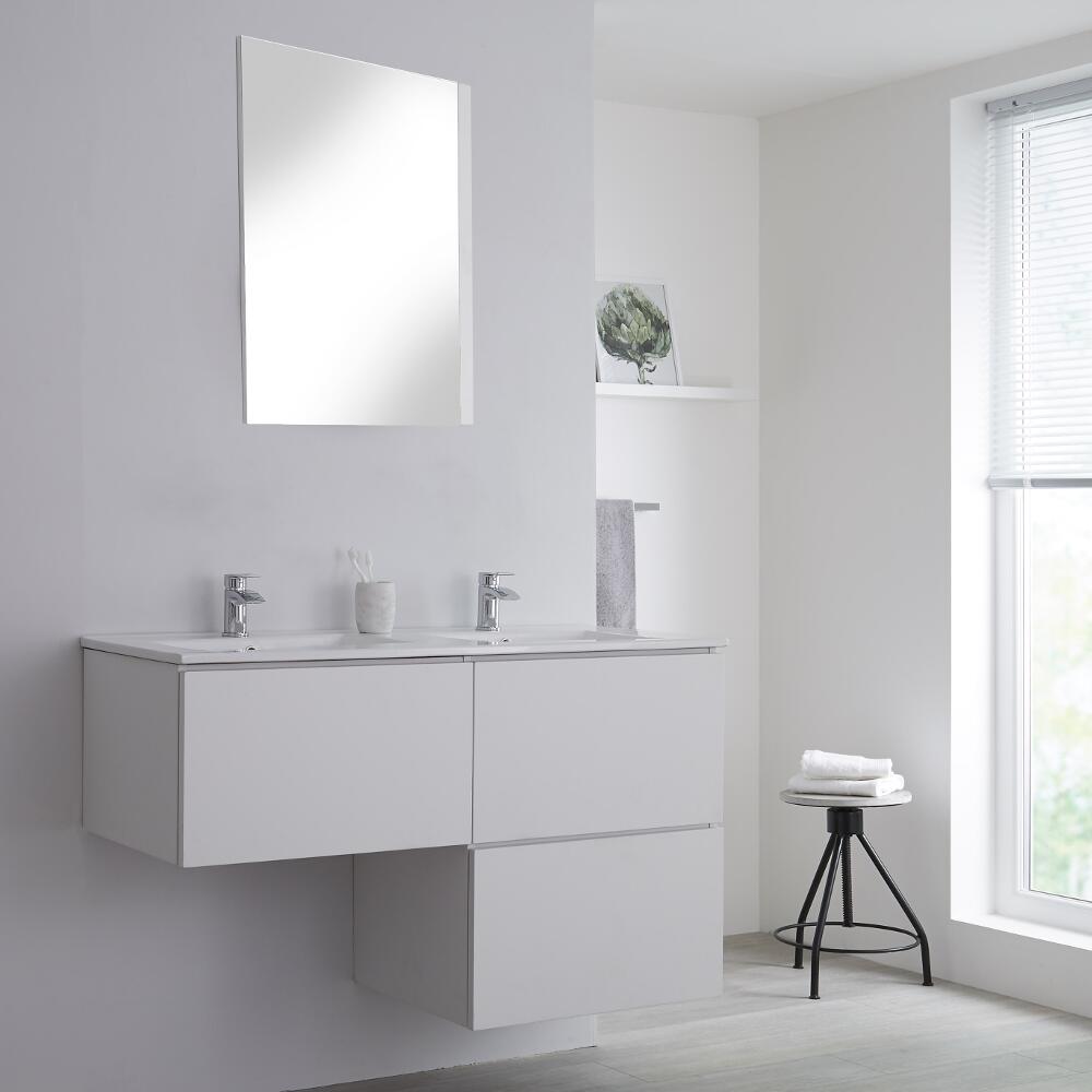 Mobile Base Sottolavabo Colore Bianco Opaco Sospeso 1200mm per Lavabo da Appoggio a Forma L con Lavabo da Appoggio con Opzione LED - Newington