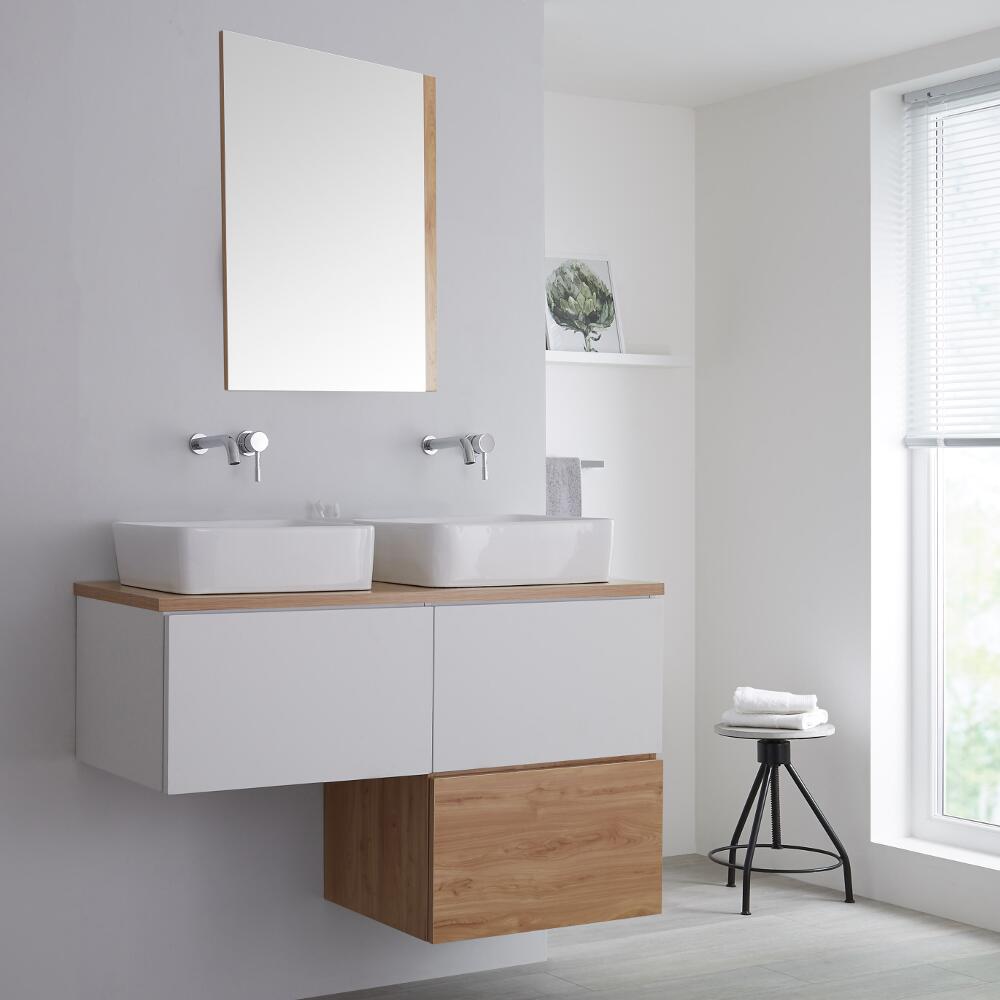 Mobile Base Sottolavabo Colore Bianco Opaco Sospeso 1200mm per Lavabo da Appoggio a Forma L- Colore Rovere Dorato e Bianco Opaco con Opzione LED con Lavabo Rettangolare - Newington