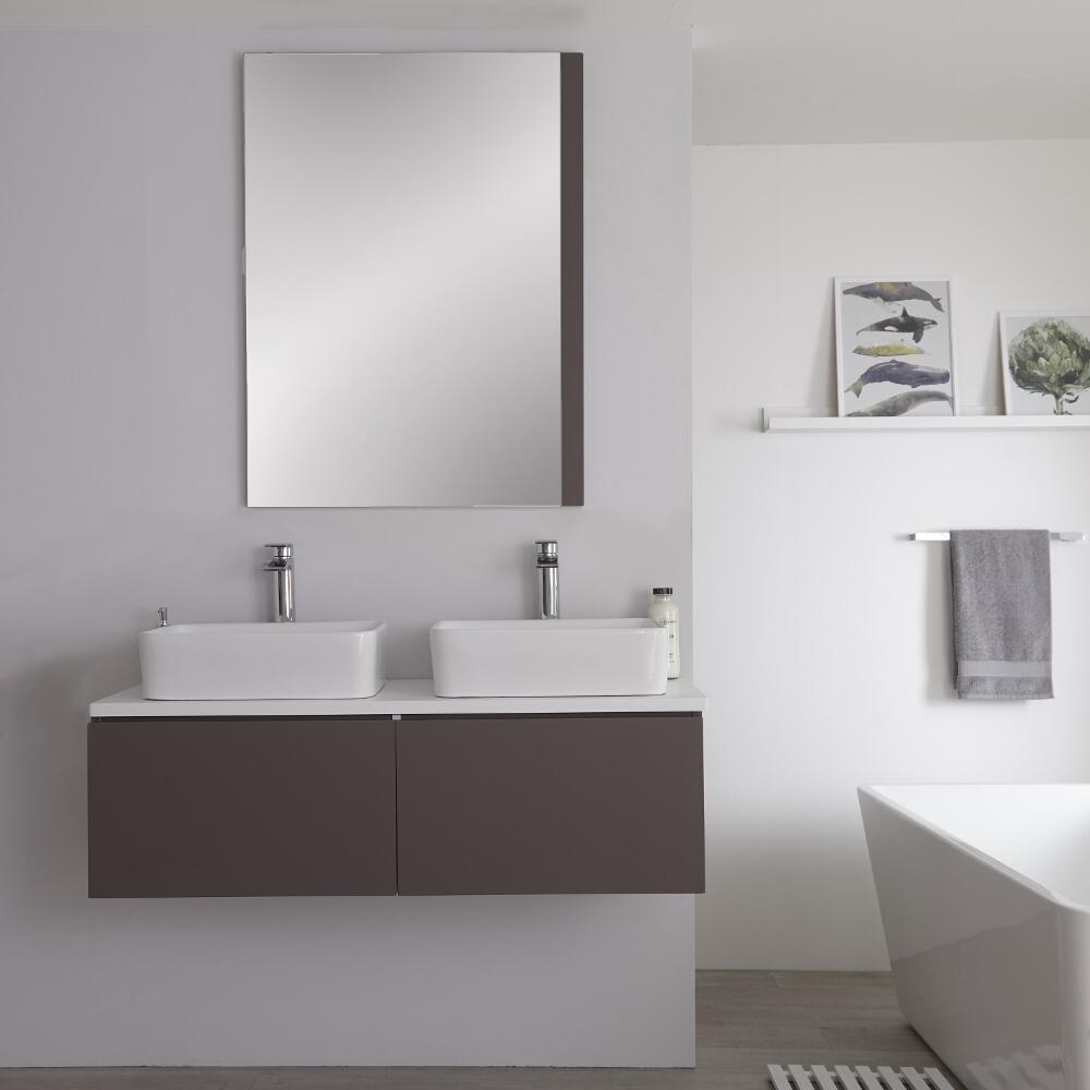 Mobile Base Sottolavabo Colore Grigio Opaco Sospeso per Lavabo da Appoggio 1200mm con Top Bianco e Opzione LED con 2 Lavabi Rettangolari – Newington