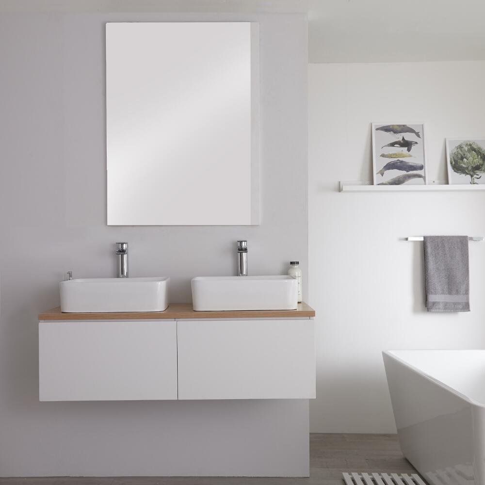 Mobile Base Sottolavabo Colore Bianco Opaco Sospeso per Lavabo da Appoggio 1200mm con Top Rovere Dorato e Opzione LED con 2 Lavabi Rettangolari – Newington