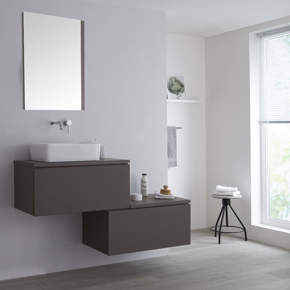 Mobile Base Sottolavabo Sospeso Colore Grigio Opaco 1400mm con Top Grigio Opaco per Lavabo da Appoggio con Design Ortogonale con Opzione LED con Lavabo Rettangolare - Newington