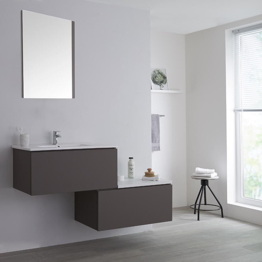 Mobile Base Sottolavabo Sospeso Colore Grigio Opaco con Design Ortogonale 1400mm con Top di Colore Grigio e Lavabo da Appoggio con Opzione LED - Newington