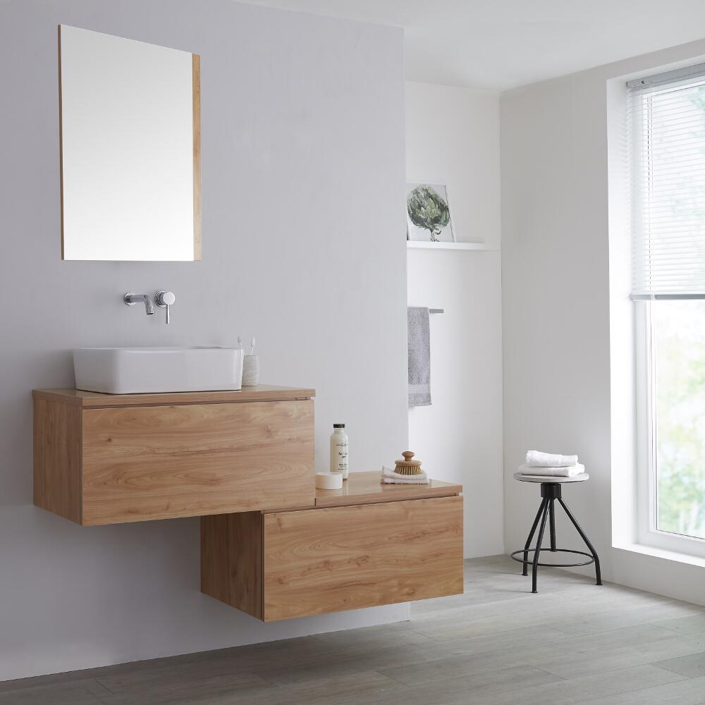 Mobile Base Sottolavabo Sospeso Colore Rovere Dorato con Design Ortogonale 1400mm con Top Rovere Dorato per Lavabo da Appoggio con Opzione LED con Lavabo Rettangolare – Newington
