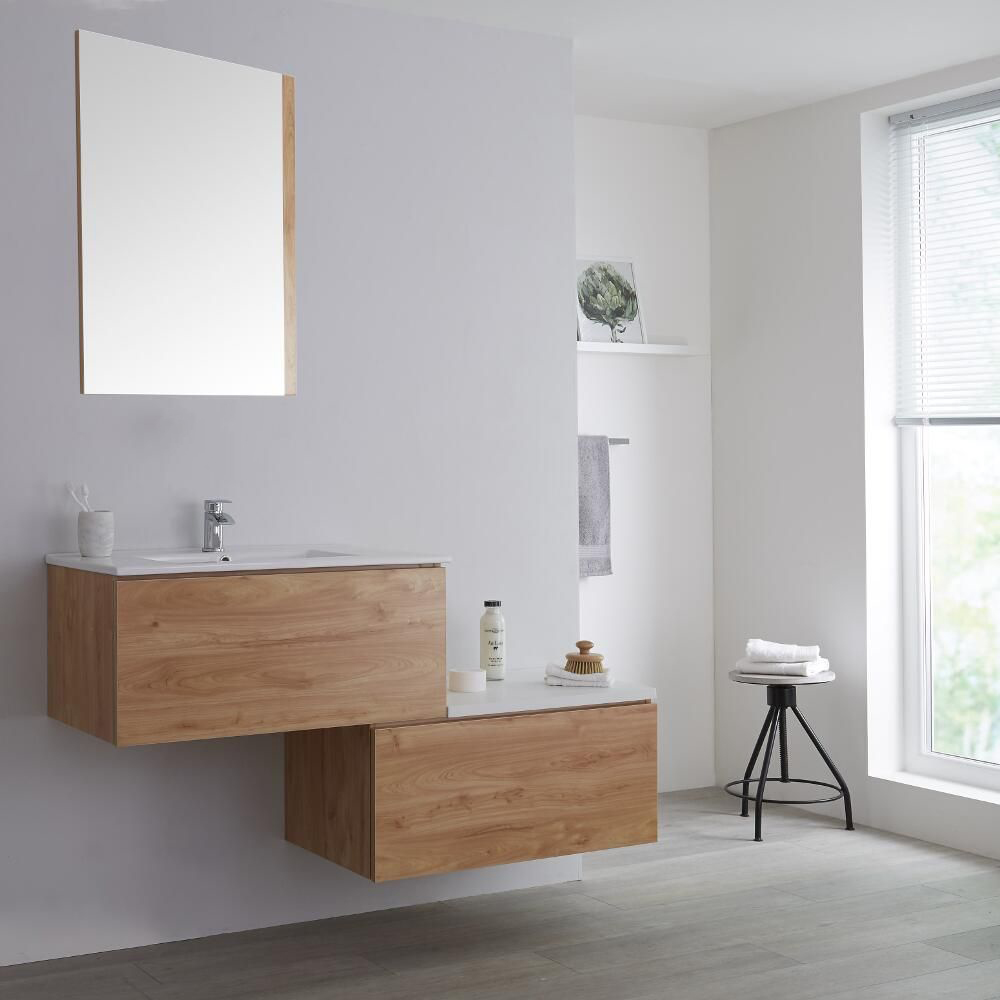 Mobile Base Sottolavabo Sospeso Colore Rovere Dorato con Design Ortogonale 1400mm con Top di Colore Rovere Dorato e Lavabo da Appoggio - Newington