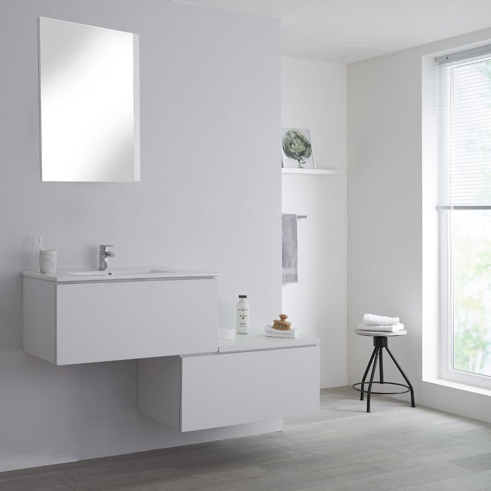 Mobile Base Sottolavabo Sospeso Colore Bianco Opaco con Design Ortogonale 1400mm con Top di Colore Bianco e Lavabo da Appoggio con Opzione LED- Newington