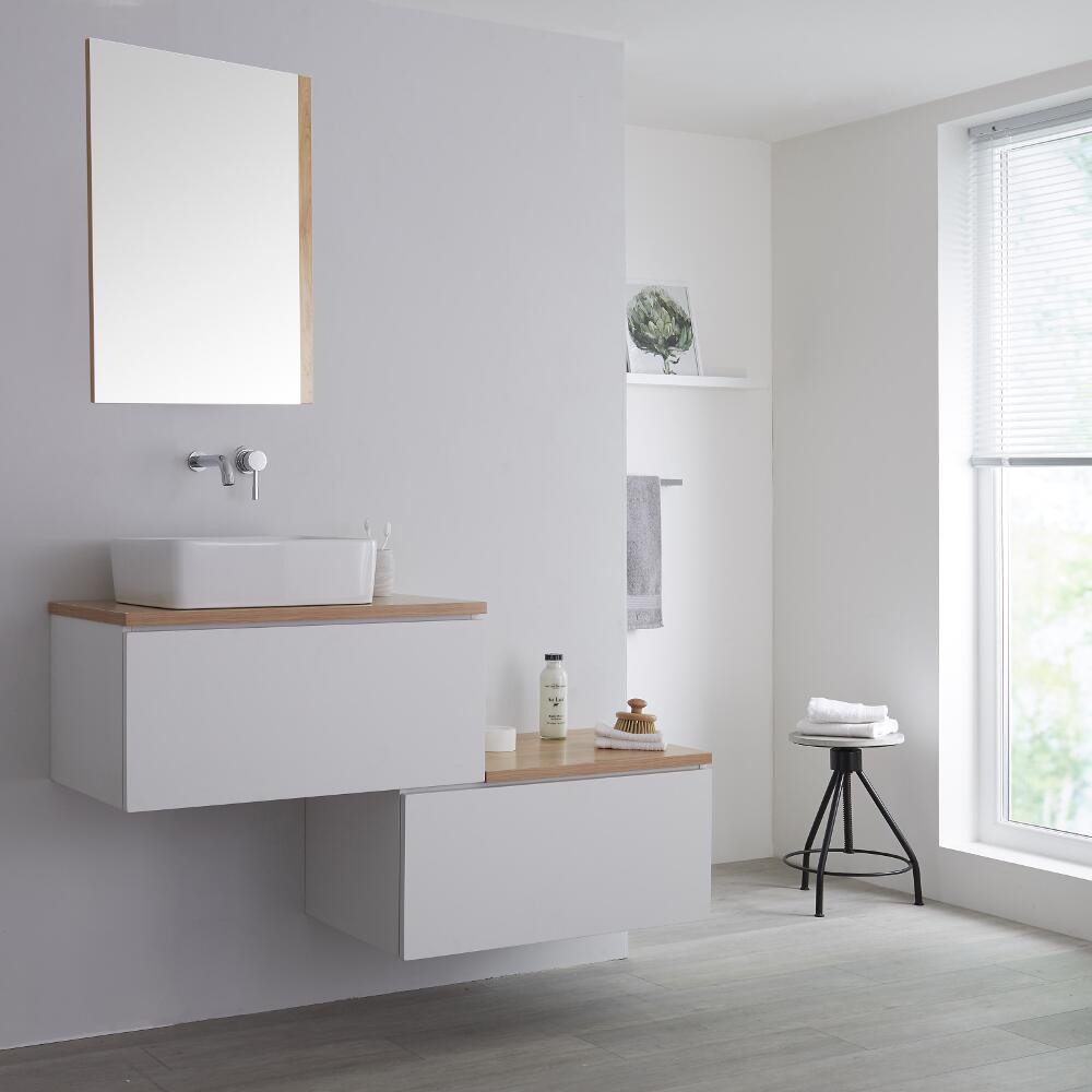 Mobile Base Sottolavabo Sospeso Bianco Opaco 1400mm con Top Rovere Dorato per Lavabo da Appoggio con Design Ortogonale con Opzione LED e Lavabo Rettangolare – Newington