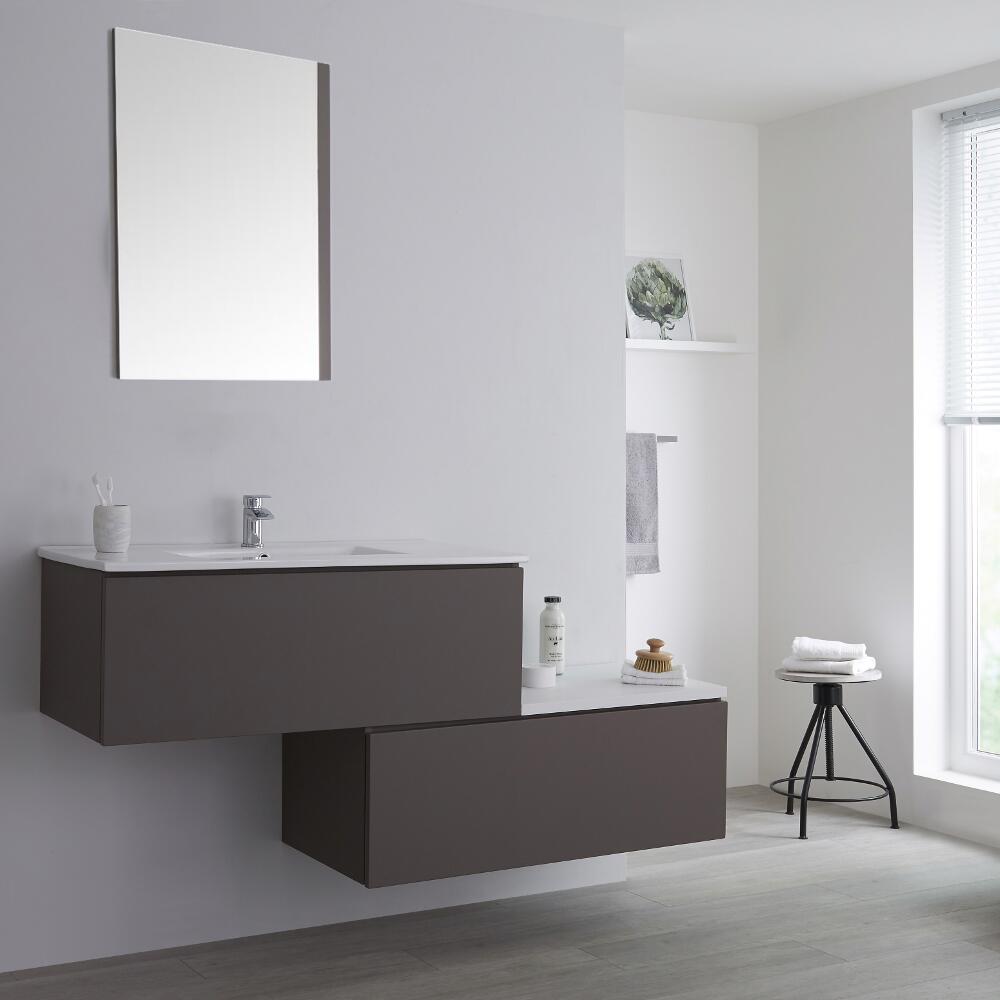 Mobile Base Sottolavabo Sospeso Colore Grigio Opaco con Design Ortogonale 1600mm con Top Grigio e Lavabo da Appoggio con Opzione LED - Newington