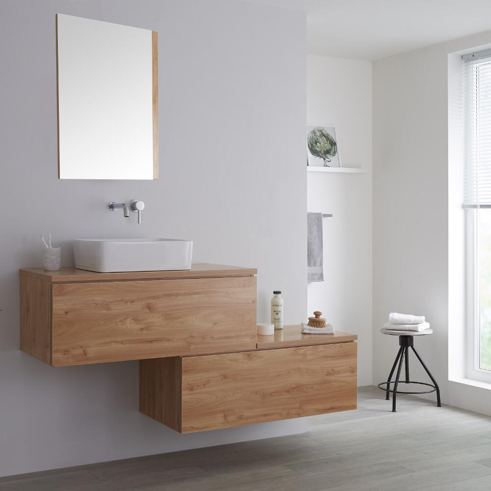 Mobile Base Sottolavabo Sospeso Colore Rovere Dorato 1600mm con Top di colore Rovere Dorato per Lavabo da Appoggio con Design Ortogonale con Opzione LED e Lavabo Rettangolare – Newington