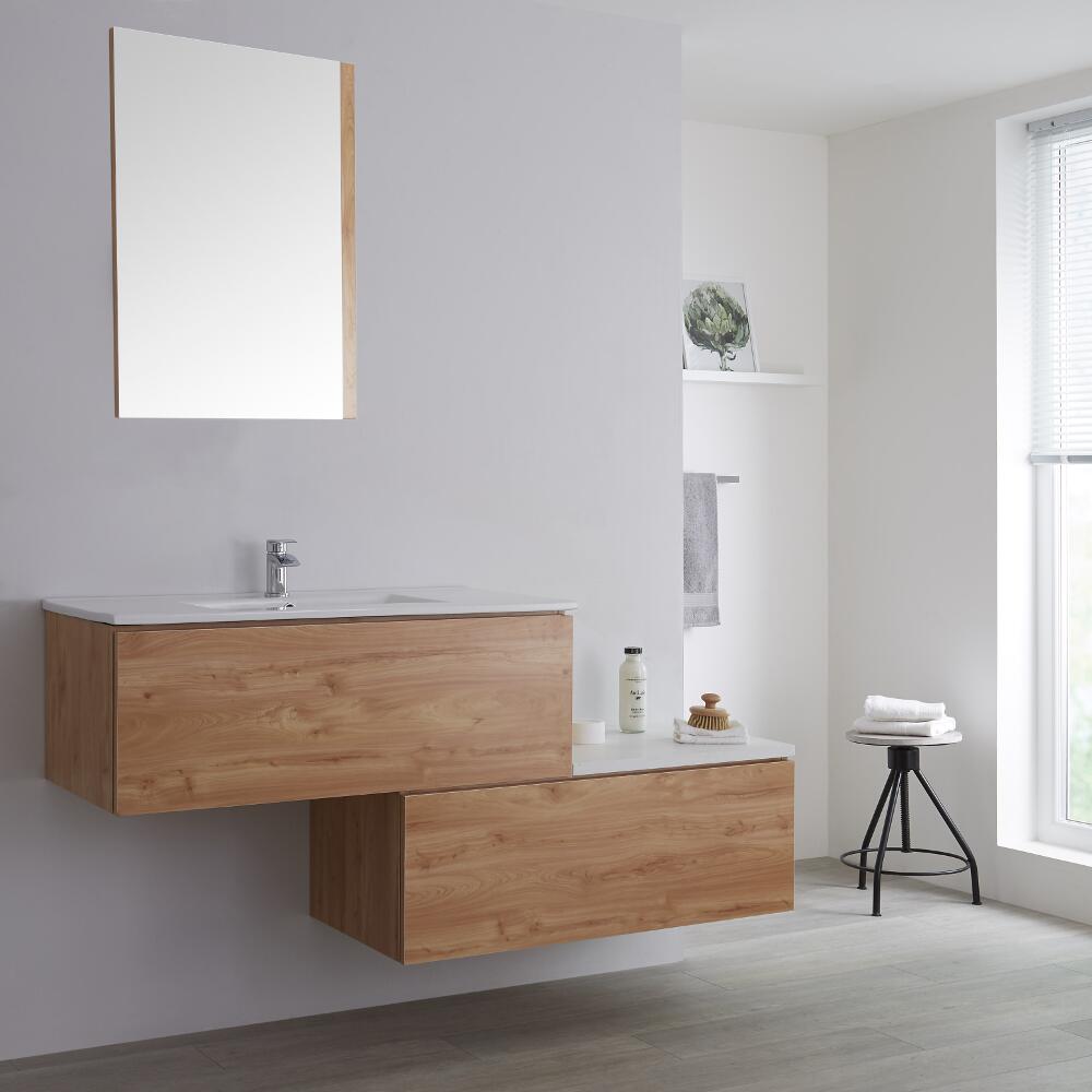 Mobile Base Sottolavabo Sospeso Colore Rovere Dorato con Design Ortogonale 1600mm con Top di Colore Rovere Dorato e Lavabo da Appoggio con Opzione LED - Newington