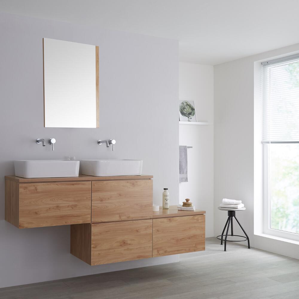 Mobile Base Sottolavabo Sospeso Colore Rovere Dorato 1800mm con Top di colore Rovere Dorato per Lavabo da Appoggio con Design Ortogonale con Opzione LED e 2 Lavabi Rettangolari- Newington