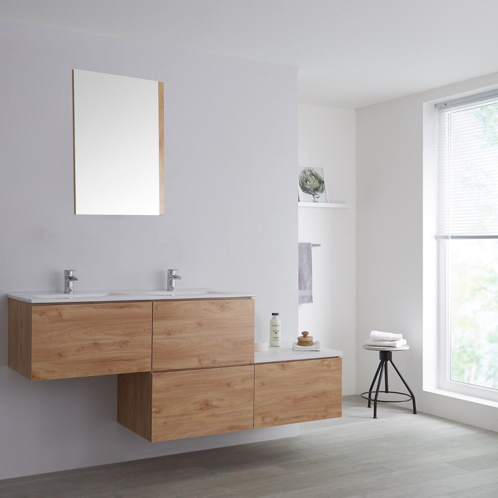 Mobile Base Sottolavabo Sospeso Colore Rovere Dorato con Design Ortogonale 1800mm Rovere Dorato e Lavabo Doppio con Opzione LED - Newington