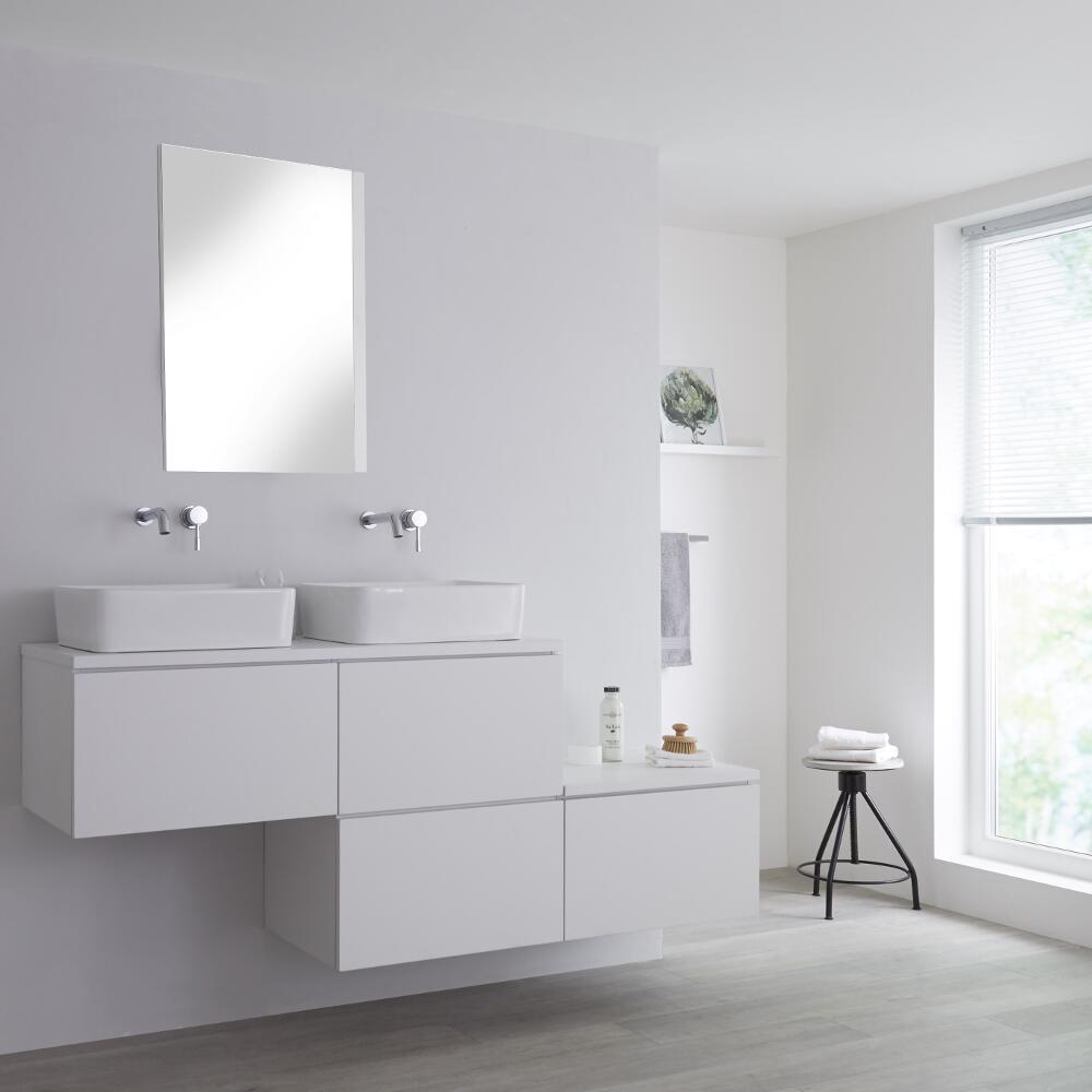Mobile Base Sottolavabo Colore Bianco Opaco Sospeso 1800mm per Lavabo da Appoggio con Design Ortogonale con Opzione LED con 2 Lavabi Rettangolari – Newington