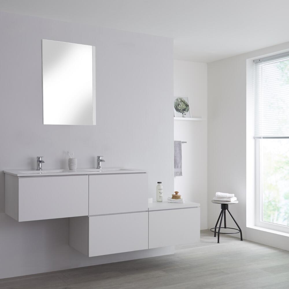 Mobile Base Sottolavabo Sospeso Colore Bianco Opaco con Design Ortogonale 1800mm con Top di Colore Bianco e Lavabo da Appoggio con Opzione LED - Newington