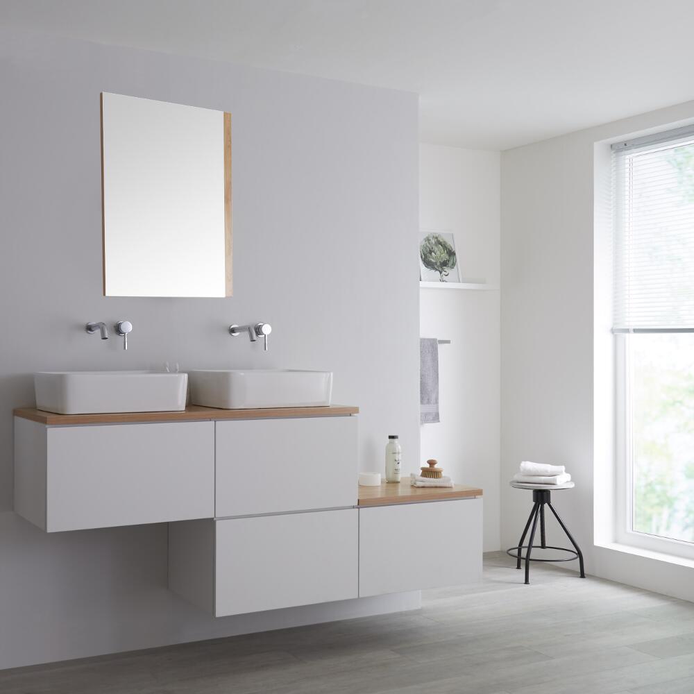 Mobile Base Sottolavabo Sospeso Colore Bianco Opaco 1800mm con Top di colore Rovere Dorato per Lavabo da Appoggio con Design Ortogonale con Opzione LED con 2 Lavabi Rettangolari – Newington
