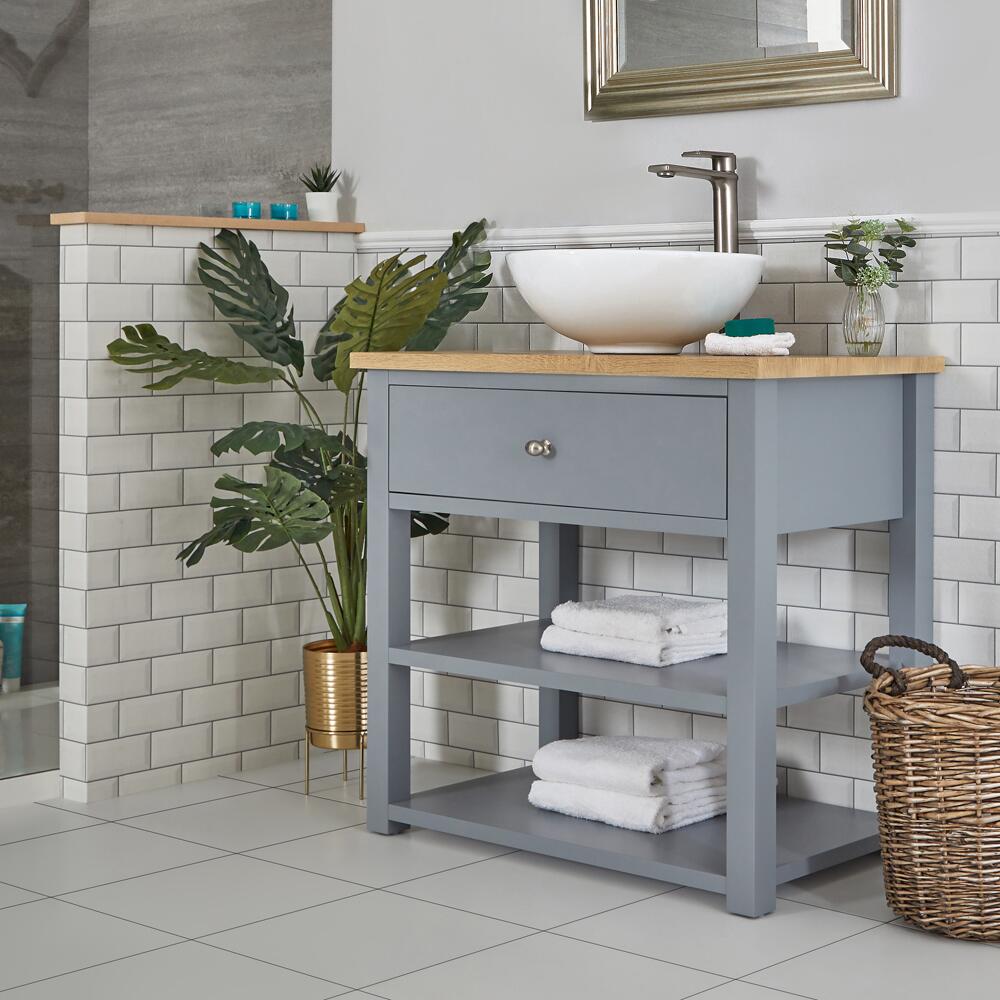 Mobile Bagno Tradizionale da 840mm Colore Grigio Chiaro con Lavabo Circolare da Appoggio e Top - Stratford