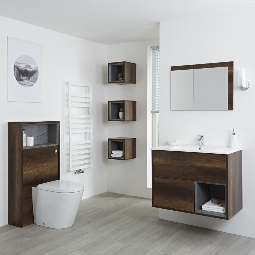 Set Bagno Colore Rovere Scuro Completo di Mobile Lavabo 800mm, Mobile WC, Mobile Murale, Specchio, Lavabo, Sanitario e Cassetta - Hoxton
