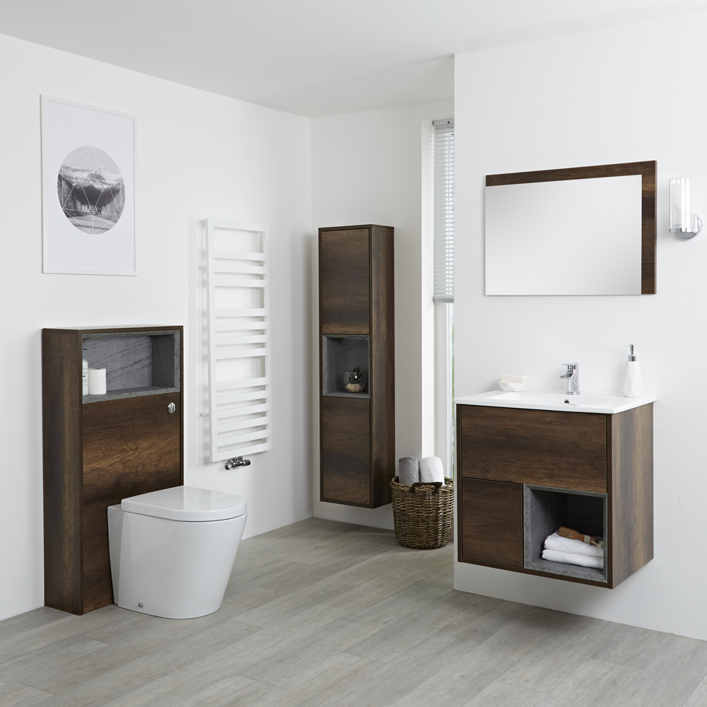 Set Bagno Colore Rovere Scuro Completo di Mobile Lavabo 600mm, Mobile Murale 1500mm, Mobile WC, Specchio, Lavabo, Sanitario e Cassetta - Hoxton