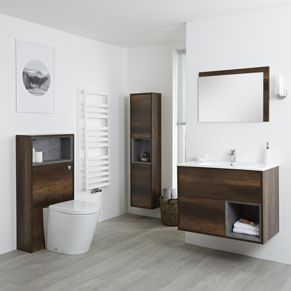 Set Bagno Colore Rovere Scuro Completo di Mobile Lavabo 800mm, Mobile Murale 1500mm, Mobile WC, Specchio, Lavabo, Sanitario e Cassetta - Hoxton