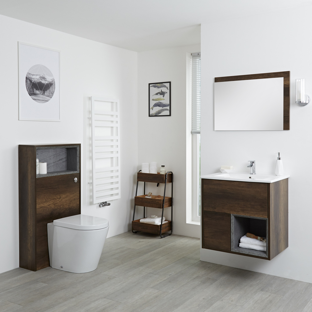 Set Bagno Completo di Mobile Lavabo 600mm e Mobile WC Colore Rovere Chiaro con Design Completo di Lavabo e Sanitario - Hoxton