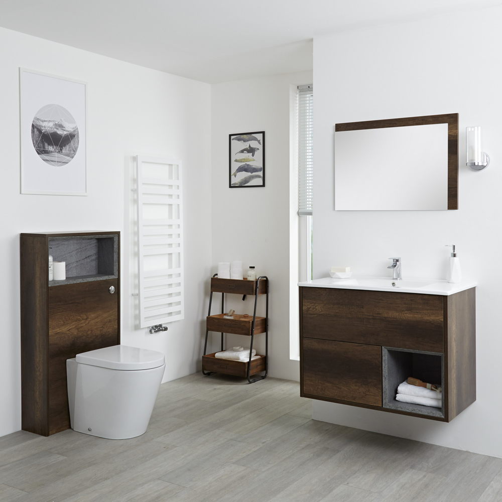 Set Bagno Completo di Mobile Lavabo 800mm e Mobile WC Colore Rovere Scuro con Design Completo di Lavabo e Sanitario - Hoxton